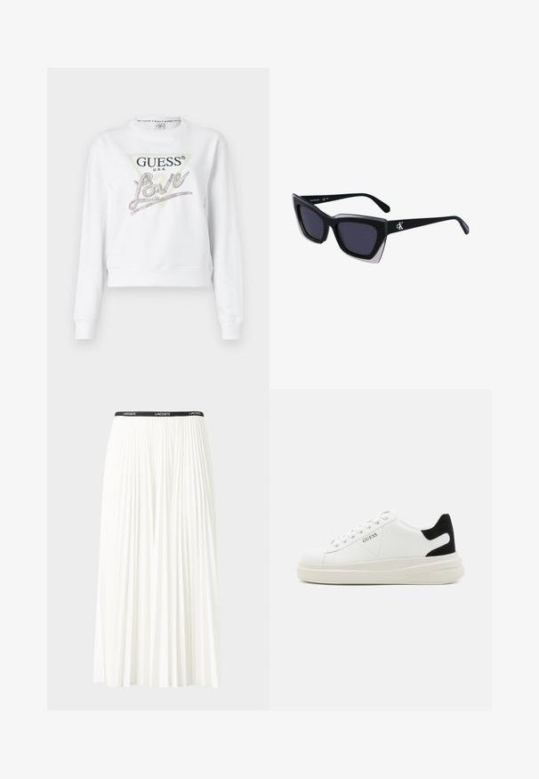 Felpa bianca corta con maniche lunghe, presenta un logo triangolare verde, la scritta nera "GUESS U.S.A." e "love" con dettagli luccicanti.; Gonna bianca plissettata con elastico nero in vita che presenta il logo "LACOSTE". Design di lunghezza media con texture morbida.; Sneaker bianchi in pelle con suola spessa bianca, accento in suede nero sul tallone e logo impresso sul lato. Design con lacci e sei fori per i lacci.; Occhiali da sole oversize neri dalla forma geometrica, con lenti scure e un dettaglio grigio a contrasto sulla montatura. Logo sul braccio.