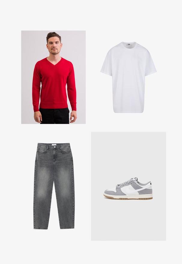 Czerwony sweter w serek z długimi rękawami, wykonany z miękkiego materiału. Ma ściągacze przy mankietach i u dołu, noszony na czarnych spodniach. Prosty, dopasowany fason.; Biała bawełniana koszulka z krótkimi rękawami, okrągłym dekoltem, luźnym krojem i bez widocznych logo lub wzorów. Gładka tekstura i minimalistyczny design.; Jeansy z wysokim stanem, luźne, w wyblakłym czarnym deninie. Posiadają pięć kieszeni, szlufki na pasek oraz prosty, klasyczny krój nogawek.; Szare i białe trampki z zamszową i skórzaną cholewą, okrągłym noskiem, płaskimi sznurówkami i gumową podeszwą z akcentem w kolorze gumy.