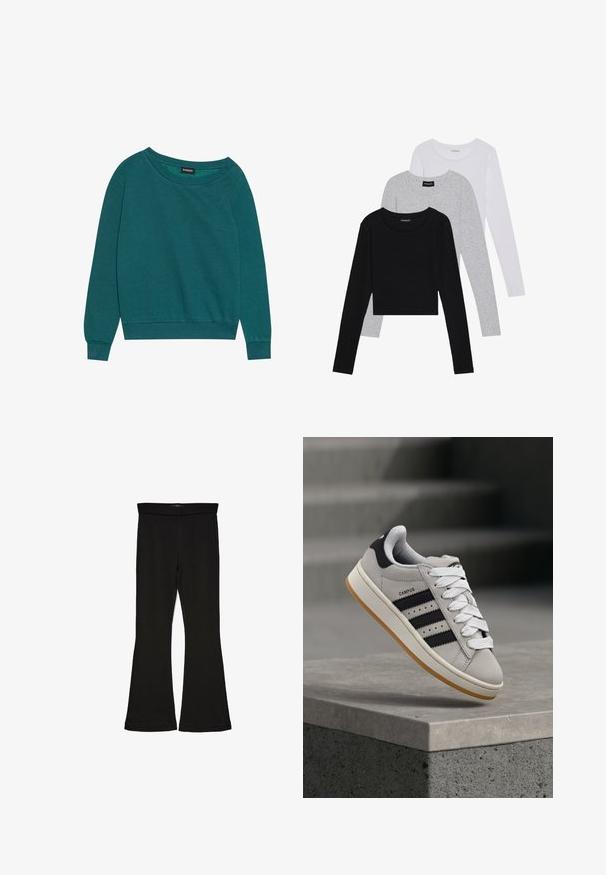 Teal sweatshirt met een ruime halslijn, lange mouwen en geribbelde manchetten. Gemaakt van zachte stof met een relaxte pasvorm. Lichte textuur, geen patronen.; Drie langmouwige tops gestapeld: zwart, grijs en wit. Elke top heeft een ronde halslijn en een cropped ontwerp van soepel, lichtgewicht materiaal.; Zwarte flare leggings gemaakt van rekbaar materiaal. Beschikt over een brede tailleband en een zachte textuur, met een getailleerd silhouet dat uitloopt bij de zoom.; Grijze Adidas Campus sneaker met zwarte strepen en witte veter, zwevend boven een betonnen richel met trappen op de achtergrond.