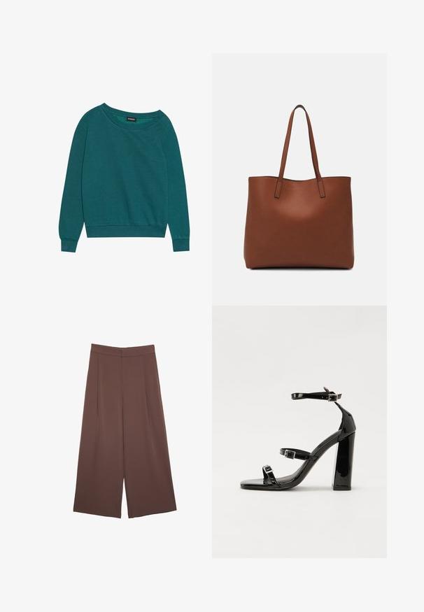 Tyrkysová mikina s širokým výstrihom, dlhými rukávmi a rebrovanými manžetami. Vyrobená z mäkkej tkaniny s voľným strihom. Svetlá textúra, bez vzorov.; Hnedé nohavice so širokými nohavicami a hladkou textúrou, s vysokým pásom a prednými skladmi. Tkanina je ľahká a voľne sa pohybuje.; Čierne lakované sandále na podpätku so štvorcovou špičkou, navlečenými remienkami okolo členku a striebornými prackami. Disponujú masívnym blokovým podpätkom pre stabilitu.; Hnedá kožená taška na rameno s hladkou textúrou, otvoreným vrchom a dvoma ramenými popruhmi. Má minimálne šitia a žiadne viditeľné kovania.
