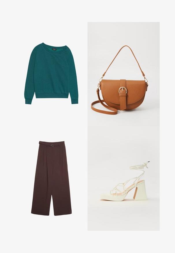 Felpa turchese con scollatura ampia, maniche lunghe e polsini a costine. Realizzata in tessuto morbido con una vestibilità rilassata. Texture leggera, senza motivi.; Stradivarius WIDE-LEG WITH BUCKLE DETAIL - Pantaloni - dark brown; Sandalo bianco con tacco alto, caratterizzato da un design a cinturini e un legaccio alla caviglia. Texture liscia con una piattaforma frontale per un'altezza aggiuntiva.; Borsa a tracolla in pelle marrone con forma curvata, hardware dorato e un dettaglio con fibbia. Presenta una tracolla rimovibile.