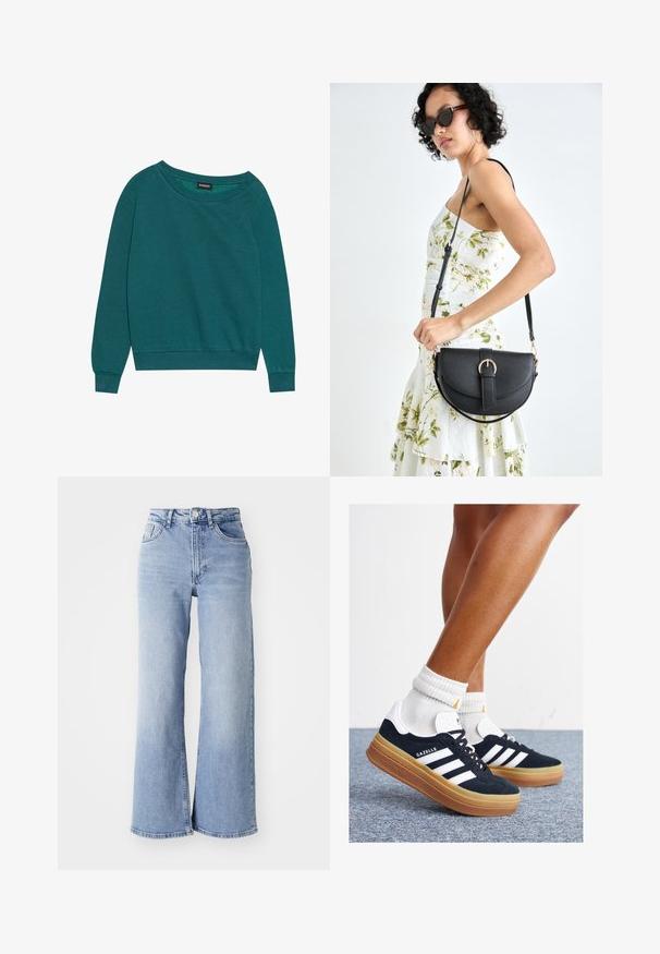 Tirkizna dukserica sa širokim izrezom, dugim rukavima i rebrastim manžetama. Napravljena je od mekog materijala s opuštenim krojem. Lagan tekstura, bez uzoraka.; Svijetloplave traperice visokog struka širokih nogavica s prednjim i stražnjim džepovima, kopčanjem na gumbi i suptilnim izblijedjenjem na bedrima i rubovima.; Crne tenisice od brušene kože s bijelim prugama i detaljima, okruglim vrhom, gumeni potplat boje gume, uparene s bijelim rebrastim čarapama.; Crna kožna torba s lukovitim oblikom, odvojivim remenom i zlatnim detaljima. Torba ima preklop s kopčom.