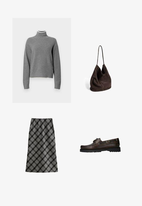 Grijze geribbelde coltrui met lange mouwen. Bevat een witte afwerking bij de kraag en heeft een iets verkorte zoom. Zachte textuur.; Zwart-witte geruite rok, half lang, A-lijn silhouet, gestructureerde stof, met kruislijnen en geometrische patronen door het geheel.; Bruine leren bootschoen met moccasinstiksel, metalen oogjes en een gestructureerde zwarte rubberen zool.; Bruine suède tas met een zachte, slungelige vorm en een enkele dunne band. Heeft een ronde opening en een gladde textuur, met een algeheel minimalistisch ontwerp.