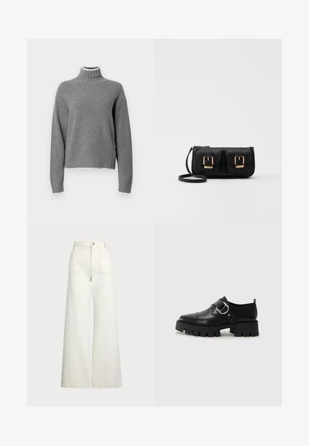 Gråribbad polokrage med långa ärmar. Har en vit kant vid kragen och en något kortad nederkant. Mjuk textur.; Vida jeans i off-white denim. Hög midja med knappstängning, två framfickor och kontrastsömnadsdetaljer.; Svarta läderskor med en kraftig, ribbad sula, med en cirkulär silverdetalj och minimal sömdekoration.; Svart läderaxelväska med två framfickor, guldspännen, dragkedjestängning och en smal rem. Texturerad yta och kompakt rektangulär form.