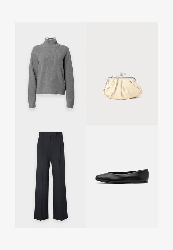 Grau gerippter Rollkragenpullover mit langen Ärmeln. Mit einem weißen Rand am Kragen und einem leicht verkürzten Saum. Weicher Stoff.; Dunkelblaue Nadelstreifenhosen mit hoher Taille, weit geschnittenem Bein und ohne sichtbare Beschläge oder Verzierungen. Glatte Textur und taillierte Passform.; Paul Smith TOPANGA - Klassischer Ballerina - black; Faltige beigefarbene Ledertasche mit einem silbernen Metallrahmen, ausgestattet mit zwei runden dekorativen Verschlüssen und einem silbernen Kettenriemen.