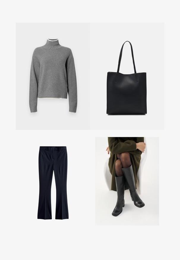 Hall griidist kätistega turtleneck-sviiter. Omab valget äärest kaeluses ja veidi lühenenud helga. Pehme tekstuur.; Tumedat sinised laiad püksid, mis on valmistatud siledast kangast, varustatud vööpära, küljetaskute ja siledatest esiosadest. Püksisääred on pliiatsilõikega.; Knee-high mustad nahast saapad nelinurkse varbaga ja plokilise kontsaga, esitatud mudeli kõrval, kes istub oliivirohelises mantlis. Sujuv tekstuur, minimaalne detailide arv.; Mustast nahast kott sujuva tekstuuriga, ristkülikukujuline ja kahe pika sangaga. Pole nähtavat riistvara ega kaunistusi.