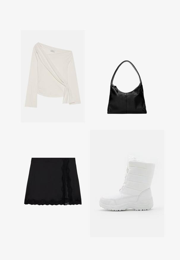 Långärmad topp med off-shoulder-design i ett mjukt, krämfärgat tyg. Har en vriden frontdetalj och sidofåll för en figursydd silhuett.; Even&Odd Minikjol - black; Vita vattentäta vinterstövlar med en vadderad ovandel, strukturerad design, justerbara snören och en robust gummiyttersula för bra grepp.; Svart läderaxelväska med en slät yta, en böjd topp och ett enskilt bärhandtag. Har dragkedjestängning och minimalistisk design.