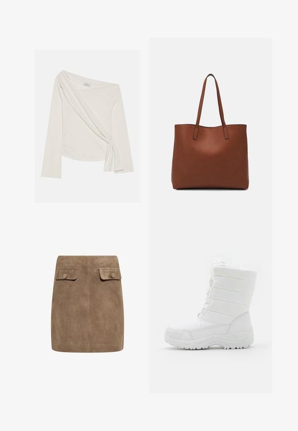 Top a maniche lunghe e spalle scoperte in un morbido tessuto color crema. Presenta un dettaglio frontale torcigrana e arricciature laterali per una silhouette attillata.; Gonna mini in suede marrone con una texture liscia, caratterizzata da due tasche frontali con patta e chiusura a bottoni su entrambi i lati. Design semplice e dritto.; Stivali invernali bianchi e impermeabili con parte superiore imbottita, design testurizzato, lacci regolabili e suola in gomma robusta per una migliore aderenza.; Borsa tote in pelle marrone con texture liscia, design con apertura superiore e due spallacci. Presenta cuciture minime e nessun hardware visibile.