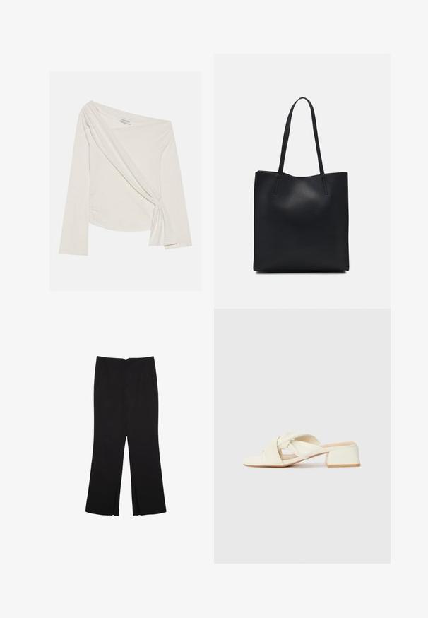 Langærmet, off-shoulder top i et blødt, cremefarvet stof. Har et tvistet frontdetalje og sidelæg for en tætsiddende silhuet.; Sorte bukser med lige pasform, der har frontlommer og slidser i kanten. Lavet af blødt, glat stof. Velegnet til forskellige anledninger.; Cremefarvede blokhælede sandaler med snoede stropper og en flad tåbund. Glat syntetisk materiale med en mat finish.; Sort læder tote taske med glat tekstur, rektangulær form og to lange hanke. Ingen synlig hardware eller udsmykninger.