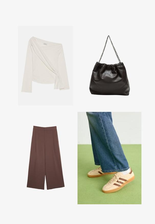 Langärmeliges, schulterfreies Oberteil aus einem weichen, cremefarbenen Stoff. Besitzt ein gedrehtes Frontdetail und seitliches Raffen für eine figurbetonte Silhouette.; Braune Weite-Leg-Hosen mit einer glatten Textur, hoher Taille und Vorderfalten. Der Stoff ist leicht und fällt locker.; Beige Sneakers mit strukturierten cremefarbenen Paneelen und braunen Streifen, kombiniert mit blauen Jeans. Die Jeans haben einen weiten Beinschnitt und einen fransigen Saum.; Braune Lederhandtasche mit gerafftem Oberteil und Kettenriemen. Glatte Textur mit glänzendem Finish und subtilen Nahtdetails an den Seiten.