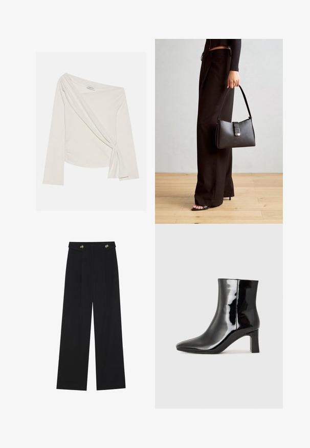 Langärmeliges, schulterfreies Oberteil aus einem weichen, cremefarbenen Stoff. Besitzt ein gedrehtes Frontdetail und seitliches Raffen für eine figurbetonte Silhouette.; Schwarze weite Hosen mit hoher Taille, Knopfdetails am Bund und vorderen Falten.; Schwarzer Lackleder-Stiefelette mit spitzer Zehe und einem mittelhohen Blockabsatz. Glatte Textur und minimalistisches Design.; Schwarze Handtasche mit strukturierter Form, glatter Textur und einem metallischen Verschluss. Kombiniert mit weiten schwarzen Hosen und offenen Sandalen auf einem Holzboden.