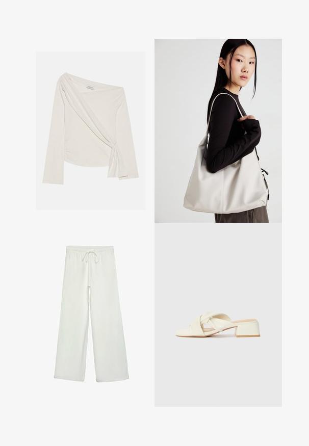 Kombinace dlouhého rukávu a odhalených ramen s topem z měkké krémové látky. Obsahuje zkroucený detail vpředu a boční řasení pro přiléhavý siluetu.; Bílé kalhoty s širokými nohavicemi vyrobené z měkké tkaniny. Mají elastický pas se stahovací šňůrkou a hladkou strukturu. Žádné viditelné vzory ani kovové prvky.; Krémové sandály na blokovém podpatku s propletenými pásky a plochou špičkou. Hladký syntetický materiál s matným povrchem.; Beige kabelka vyrobená z měkkého materiálu, s volným designem, prošívanými detaily a dvěma ramenními popruhy. Vhodná pro každodenní použití.