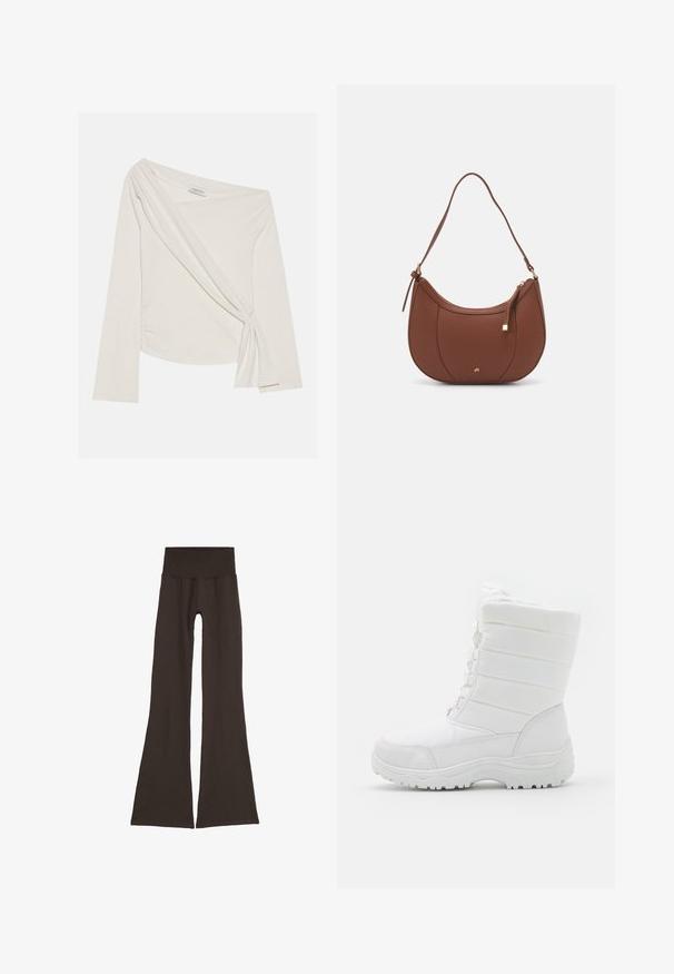 Ilgų rankovių, off-shoulder marškiniai minkšto kreminio atspalvio audinio. Yra sukta priekyje detalė ir šoninis raukšlėjimas, suteikiantis aptemptą siluetą.; Tamsiai rudos spalvos platėjančios legginsai su plačiu, raukinėtu juosmeniu. Pagaminti iš minkštos, elastingos medžiagos, su besiūle struktūra ir be matomos aparatūros.; Beli vandeniui atsparūs žieminiai batai su paminkštintu viršumi, tekstūruotu dizainu, reguliuojamomis raištelėmis ir tvirta guma, skirta sukibimui.; Ruda dirbtinės odos petinė piniginė su kreiva forma, minimalia siuvimo linija ir auksinės spalvos įranga. Yra užtrauktuko uždarymas viršuje ir reguliuojama petneša.