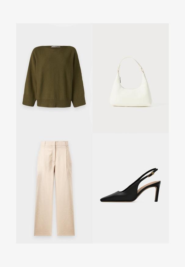 Maslinasto zelena pletena majica s širokim izrezom, rukavima do tri četvrtine i rebrastim rubom. Teksturirani materijal s opuštenim krojem.; Bež hlače izrađene od glatke tkanine. Imaju ravni kroj, ravni prednji dio i dva nabora. Nema vidljivih uzoraka ili mehanizama.; Crne kožne cipele s visokom petom, šiljastog vrha, s podesivim zlatnim kopčom i bež unutrašnjim uloškom.; Mala mala bijela torbica s jednim podesivim remenom i zatvaračem na munje, postavljena na jednostavnoj bijeloj pozadini.