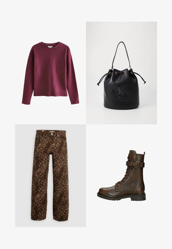Bordeaux gebreide trui met een ronde ribbelboord, lange mouwen en een relaxte pasvorm. Heeft een naadloos voorontwerp en een zachte textuur.; Mouwloze top in diep bordeauxrood, gemaakt van zacht, rekbaar materiaal. Beschikt over een hoge halslijn en een aansluitend ontwerp met schone, afgewerkte randen.; Luipaardprint wijde broek in bruin en beige. Gemaakt van denim, met een klassieke vijf-pocket ontwerp en metalen hardware accenten.; Bruine leren veterschoen tot de enkel met een zijgesp, ronde neus, robuuste zool en stiksels voor extra textuur.; Zwarte leren emmer tas met trekkoord sluiting, voorzien van een glanzend "CK" logo aan de voorkant en gouden hardware accenten.