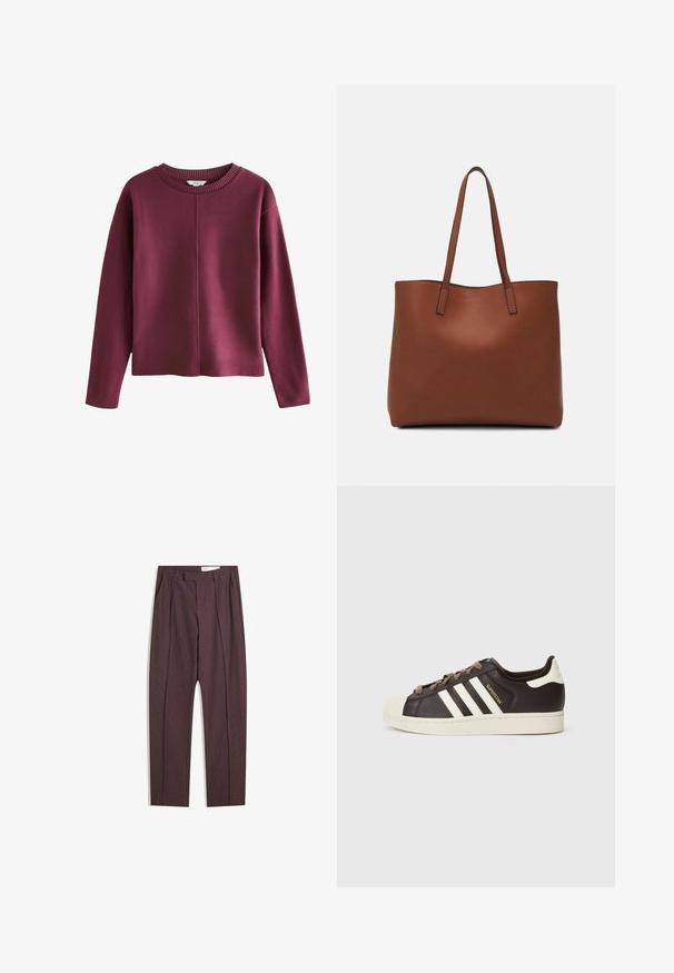 Burgundská pletená mikina s okrúhlym rebrovaným výstrihom, dlhými rukávmi a voľným strihom. Obsahuje bezšitý predný dizajn a mäkkú textúru.; Fialové pruhované nohavice s plisovaním, s vysokým pásom a rovnými nohavicami. Vyrobené z hladkej, textúrovanej tkaniny.; Nízke tenisky Adidas Superstar z tmavohnedej kože s béžovou špičkou, bielymi pruhmi a nápisom „Superstar“ na boku.; Hnedá kožená taška na rameno s hladkou textúrou, otvoreným vrchom a dvoma ramenými popruhmi. Má minimálne šitia a žiadne viditeľné kovania.