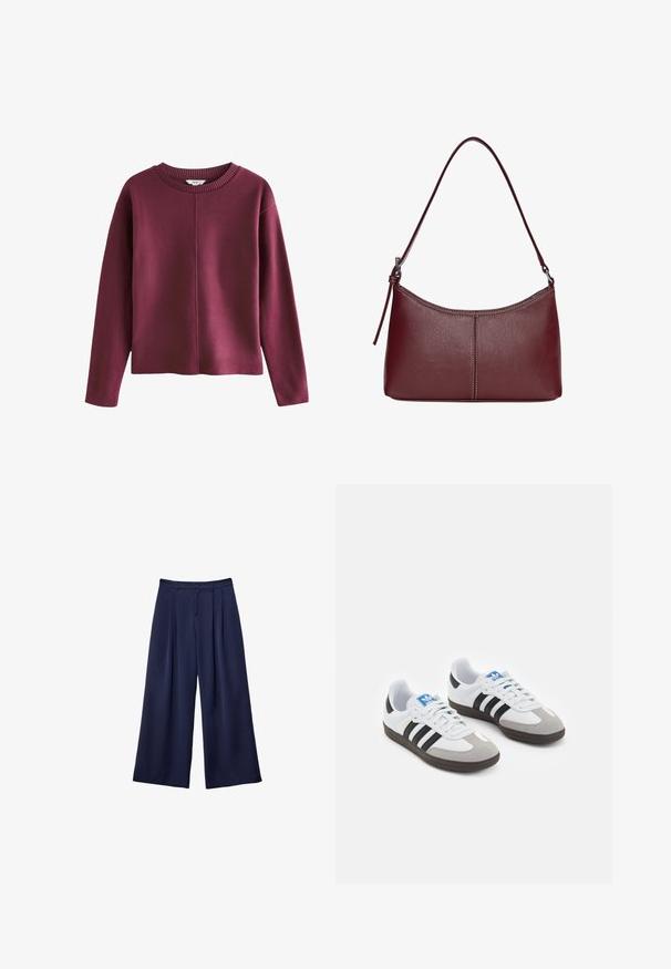 Maglione in bordaux lavorato a maglia con scollatura rotonda a coste, maniche lunghe e vestibilità rilassata. Presenta un design frontale senza cuciture e una texture morbida.; Pantaloni a gamba larga blu navy con pieghe, vita con bottoni e passanti per cintura, mostrati distesi su uno sfondo bianco.; Scarpe sportive con tomaia in pelle bianca, punta in suede grigia e tre strisce nere. Presentano un logo blu sulla linguetta e una suola in gomma testurizzata.; Borsa a tracolla in pelle bordeaux con forma curvata, una sola tracolla e dettagli cuciti al centro. Texture liscia, hardware minimale.