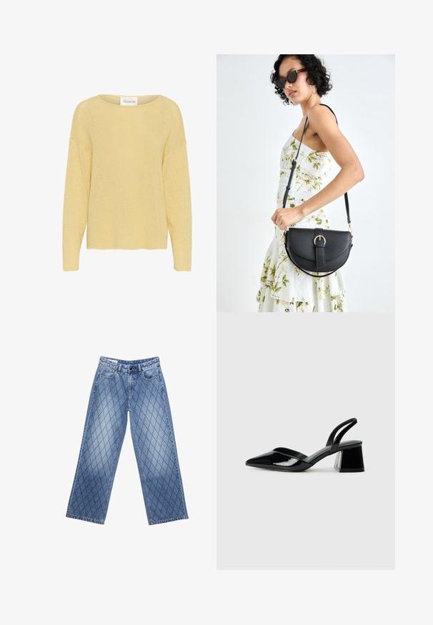 Maglione lavorato a maglia giallo limone con vestibilità rilassata, scollatura ampia e maniche lunghe. Presenta un tessuto testurizzato, lavorato in modo sciolto e orlo dritto.; Jeans in denim a gamba larga di colore azzurro chiaro con un motivo a diamante trapuntato, dotati di cinque tasche e chiusura con bottone in vita.; Décolleté in vernice nera con punta affusolata e tacco in geometria cubica. Presentano un design elegante e minimalista, con una texture liscia.; Borsa a tracolla nera in pelle con una forma curva, manico rimovibile e accessori dorati. La borsa presenta una patta con un dettaglio a fibbia.