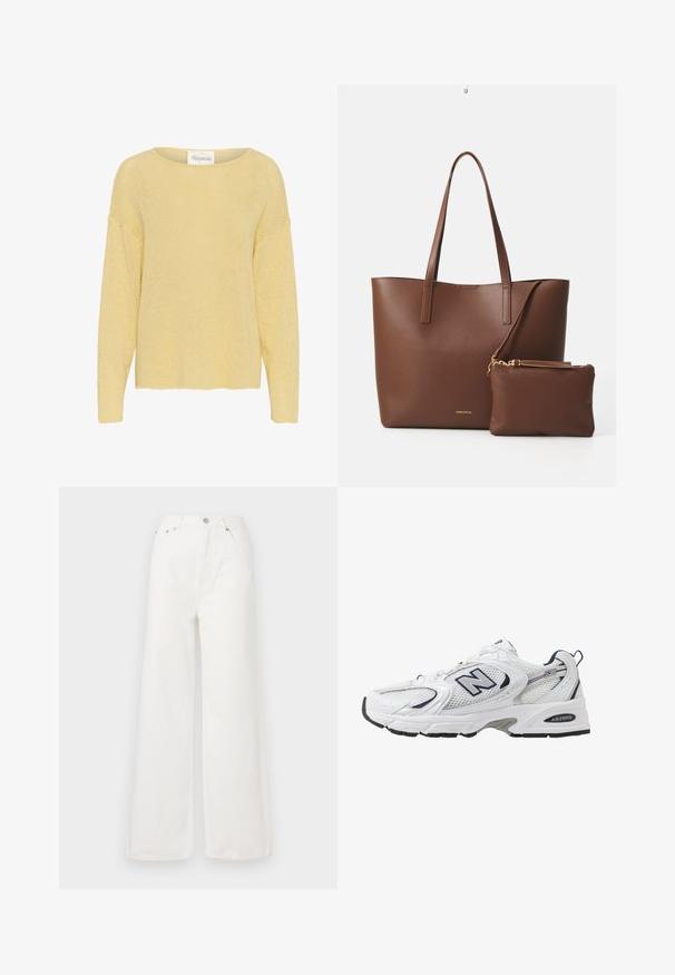 Lemon yellow knit sweater with a relaxed fit, wide neckline, and long sleeves. Features a textured, loosely woven fabric and straight hem.; White high-waisted wide-leg jeans made of denim. Features front pockets, a button closure, and frayed hem details.; White athletic shoe with mesh upper, navy accents, and cushioned sole. Features "N" logo, laces, and textured detail on side.; Brown faux leather tote bag with two long handles and a matching small pouch. The surface features a textured pattern and gold hardware accents.