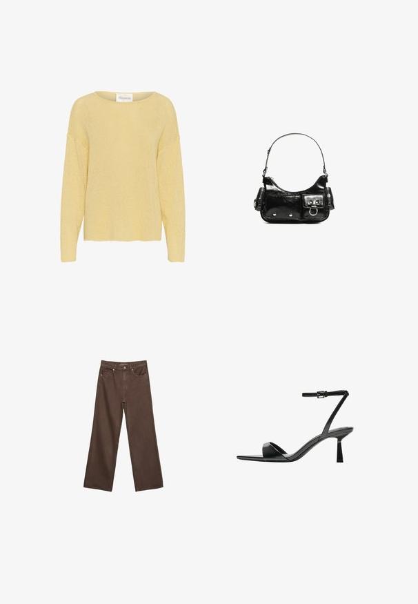 Maglione lavorato a maglia giallo limone con vestibilità rilassata, scollatura ampia e maniche lunghe. Presenta un tessuto testurizzato, lavorato in modo sciolto e orlo dritto.; Jeans a gamba larga marroni in denim, con vita alta, tasche anteriori e chiusura a bottone classica. Tessuto liscio con cuciture sottili.; Bershka Sandali con tacco - black; Borsa a spalla in vernice nera con forma curvata, una tracolla, tasche frontali e dettagli in metallo argentato.