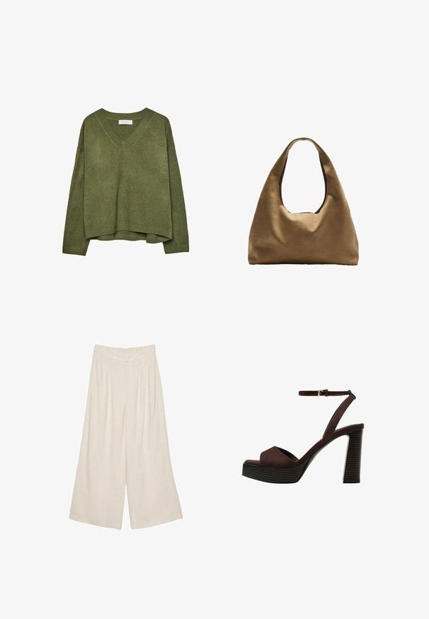 Oliwkowy sweter w serek, dzianinowy, z długimi rękawami oraz ściągaczami przy mankietach i dole, lekko skrócony krój.; Lnianowe spodnie o szerokich nogawkach w jasnym beżowym kolorze z plisowanym wzorem i elastycznym pasem dla komfortu i swobody noszenia.; Brązowe zamszowe sandały na wysokim obcasie z odkrytymi palcami, regulowanym paskiem na kostce i paskowatą podeszwą.; Brązowa torba na ramię z szerokim, zaokrąglonym kształtem i dużym wyciętym uchwytem. Miękka tekstura, minimalistyczny design i brak widocznych elementów metalowych.