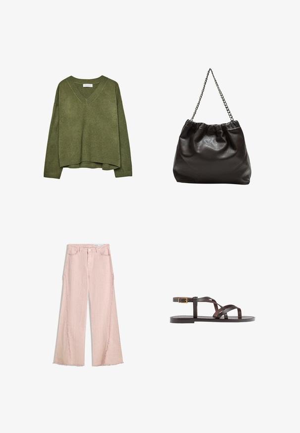 Olive green V-neck knitted sweater with long sleeves and ribbed cuffs and hem, slightly cropped fit.; Light pink wide-leg jeans with a textured finish, fringed hem, and five-pocket design. Features a button closure and belt loops.; Brown leather sandal featuring crisscross straps, an ankle buckle closure, and a flat sole with minimal stitching details.; Brown leather bag with a gathered top and a chain strap. Smooth texture with a glossy finish and subtle seam detailing on the sides.