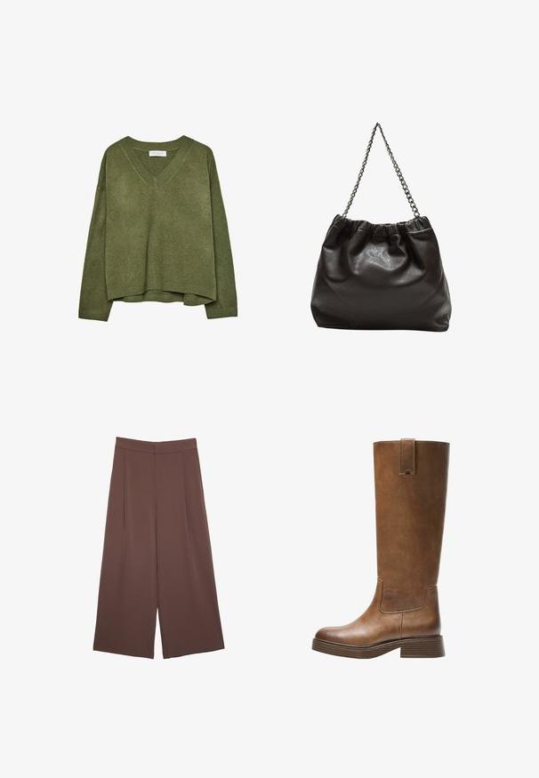 Olijfgroene V-hals gebreide trui met lange mouwen en geribde boorden en onderkant, iets verkorte pasvorm.; Bruine wijde broek met een gladde textuur, voorzien van een hoge taille en plooien aan de voorkant. De stof is lichtgewicht en valt losjes.; Bruine leren laars tot de knie met een ronde neus, gestructureerd oppervlak en een lage, gestapelde hak. Beschikt over een zijpaneel en een aantrektap aan de bovenkant.; Bruine leren tas met een geplooide bovenkant en een kettinghengsel. Glad textuur met een glanzende afwerking en subtiele naaddetails aan de zijkanten.
