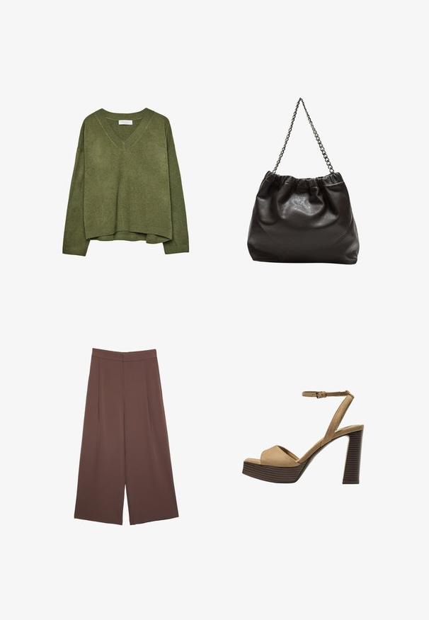 Olive green V-neck knitted sweater with long sleeves and ribbed cuffs and hem, slightly cropped fit.; Brown wide-leg trousers with a smooth texture, featuring a high waist and front pleats. The fabric is lightweight and flows loosely.; Beige suede high-heeled sandals with a wide front strap and ankle strap, featuring a chunky wooden block heel with a textured finish.; Brown leather bag with a gathered top and a chain strap. Smooth texture with a glossy finish and subtle seam detailing on the sides.