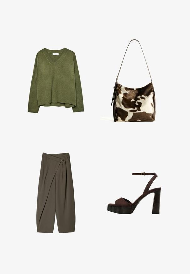 Maslinastozeleni pleteni pulover s V-izrezom, dugim rukavima i rebrastim manžetama i rubom, blago skraćenog kroja.; Široke hlače od tamno maslinaste tkanine, s naboranim prednjim dijelom, kopčanjem na gumb i sjajnom, teksturiranom površinom.; Smeđe zamšaste sandale s visokim potpeticama, otvorenim prstima, podesivom trakicom oko gležnja i prugastom platformom.; Smeđa i krem torba preko ramena od kravljeg krzna sa glatkim kožnim remenom, zatvaranjem na patentni zatvarač i mekom, teksturiranom površinom koja sadrži prirodan uzorak.
