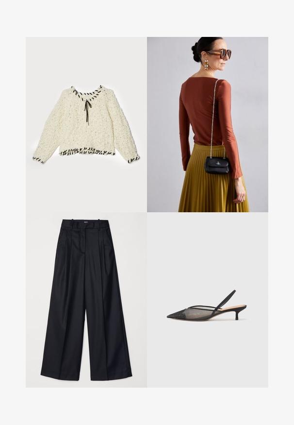 Cream-colored knitted sweater with a textured pattern, black trim, adjustable tie at the neckline, and long, slightly puffed sleeves.; Black wide-leg trousers made of smooth fabric, featuring a high waist, pleats, and a tailored design. Simple black hardware at the waist.; NEOUS IRENA - Classic heels - black; Vivienne Westwood SMALL PURSE CHAIN - Cross body bag - black