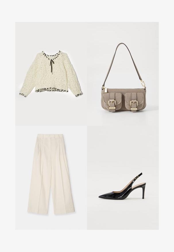 Krem boje pleteni pulover s teksturiranim uzorkom, crnim obrubom, podesivim vezivanjem na izrezu i dugim, lagano napuštenim rukavima.; Hlače širokih nogavica od teksturirane kreme tkanine. Imaju visoki struk s plisiranjem, petlje za pojas i čist, minimalistički dizajn.; Crne lakirane slingback cipele s oštrim vrhom, uskim potpeticama i suptilnim izrezom. Sadrže zlatnu kopču na traku.; Bež torbica teksture s podesivim remenom, dva prednja džepa osigurana kopčama i detaljima od zlata. Zatvaranje na zipu na vrhu.