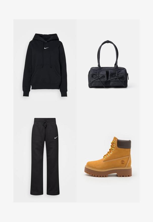 Nike Sportswear HOODIE - Hættetrøje - black; Sorte sweatpants lavet af en bomuldsblanding, med en snøre i taljen, lige ben og et hvidt Nike-logo på venstre side.; Tan vandtæt ankelstøvle med en robust gummisål, rund tå, brun læderkrave, gule snørebånd og et logo på siden.; Sorte stof håndtaske med to frontlommer med sløjfedetaljer, dobbelte håndtag og lynlåslukning. Blød tekstur og rektangulær form.
