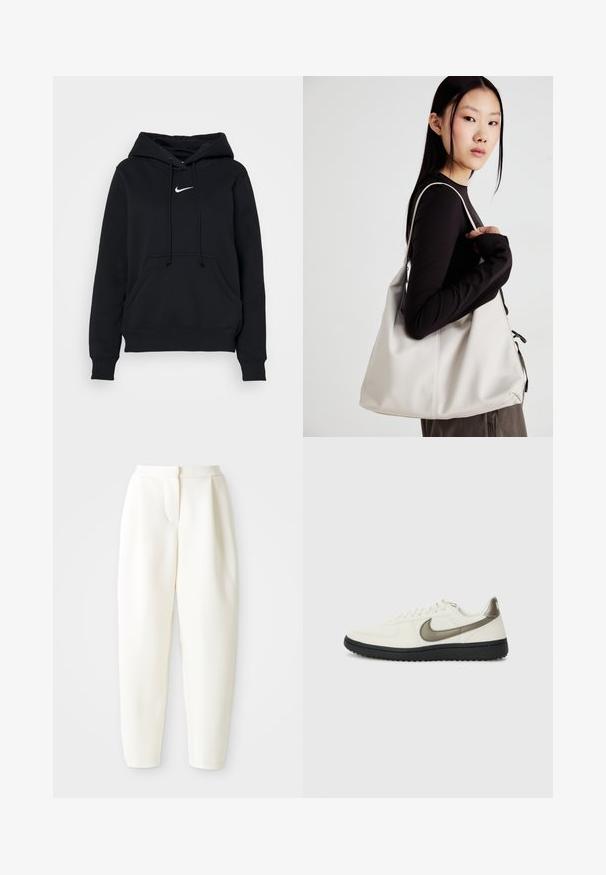 Nike Sportswear HOODIE - Sweatshirt com capuz - black; Calças brancas de cintura alta e corte tapered com fecho frontal oculto e bolsos laterais, exibidas contra um fundo branco liso.; Nike Sportswear FIELD GENERAL - Sapatilhas - off-white/black; Uma bolsa bege feita de material macio, com um design descontraído, detalhes de costura e duas alças para o ombro. Adequada para uso diário.