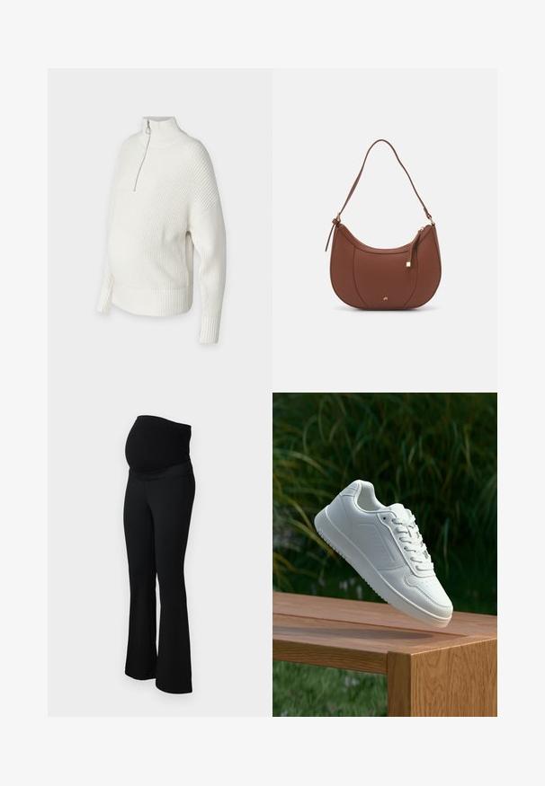 Pull blanc en maille avec un col montant, demi-fermeture éclair et poignets côtelés. Conçu avec une coupe loose et des fentes sur les côtés pour un confort supplémentaire.; ONLY MATERNITY OLMPAIGE - Pantalon classique - black; Sneakers blanches avec une tige synthétique lisse, un avant perforé, des lacets plats et une semelle texturée, présentées sur une surface en bois.; Sac à épaule en faux cuir brun, de forme arrondie, avec des coutures minimales et un accent en matériel doré. Il possède une fermeture zippée sur le dessus et une sangle réglable.