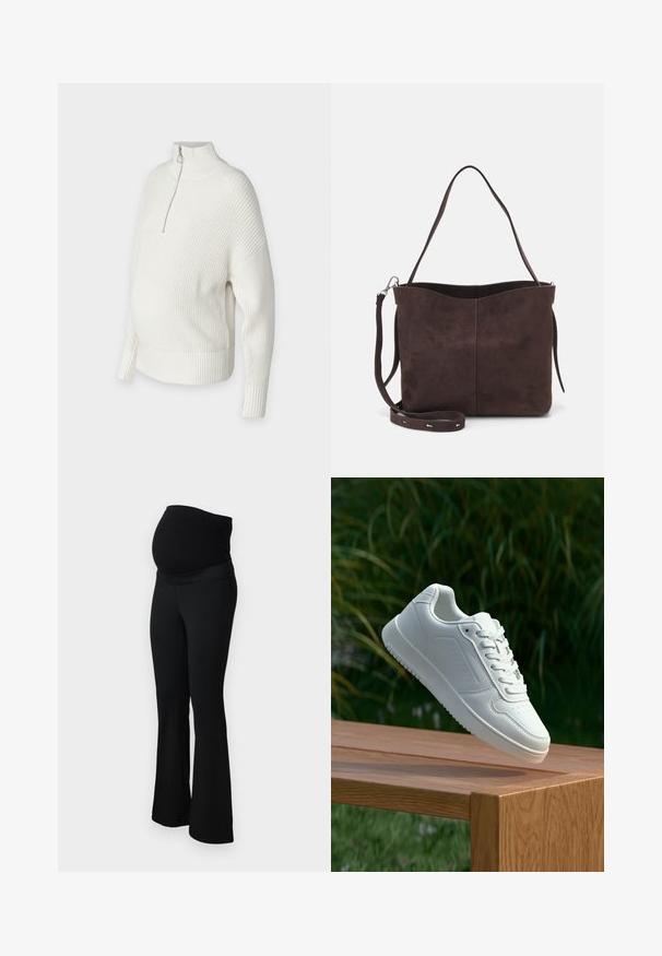 White, knitted sweater with a high collar, half zipper, and ribbed cuffs. Designed with a loose fit and side slits for added comfort.; ONLY MATERNITY OLMPAIGE - Trousers - black; White sneaker with a smooth synthetic upper, perforated toe box, flat laces, and a textured sole, displayed on a wooden surface.; Brown suede tote bag with a soft texture, featuring a single shoulder strap and a subtle curved top opening. No visible hardware details.