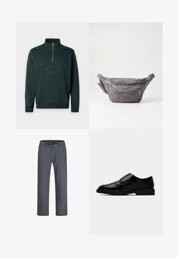 Dark green sweatshirt with a high collar and a half-zip closure. Features embossed "ORIGINALS Studio" text on the front. Soft texture.; Gray, elastic waistband pants with a drawstring. Straight leg design, made from smooth fabric, feature minimal stitching and no visible hardware.; Black leather dress shoe with a smooth finish, rounded toe, lace-up design, and understated rubber sole for traction.; Gray suede fanny pack with a rounded shape, two zippered compartments, and adjustable strap. Features metal hardware accents.