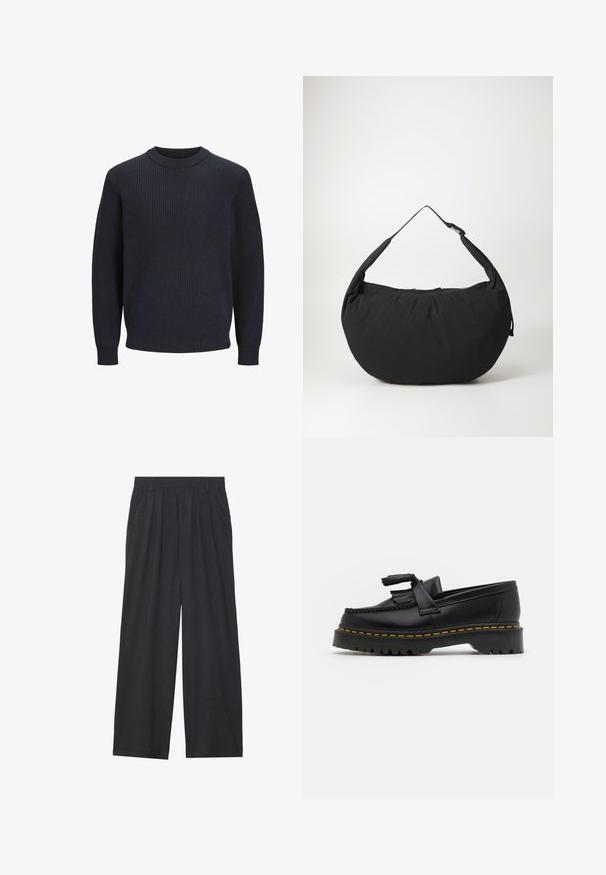 Marinblå ribbstickad tröja med rund halsringning och långa ärmar; har ett strukturerat tyg och en figursydd nederkant vid midjan.; Vidbyxorna är tillverkade av mörkgrått tyg. De har veck i midjan, en skräddarsydd design och en rak silhuett.; Svart läderloafer med en tofsdetalj, med en kraftig svart sula och gul söm längs kanten. Strukturerad yta.; Svart tygaxelväska med en böjd form, som har en enkel rem och ett dragkedjestängning. Mjukt material, minimalistisk design.