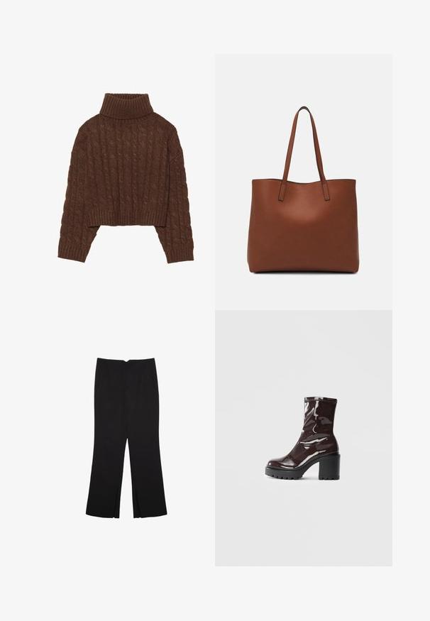 Brun kabelstickad korttröja med hög polokrage och långa ärmar, prydd med en ribbad nederkant och en texturerad mönstring genom hela plagget.; Svarta byxor med rak passform, utrustade med framfickor och sidoklyvningar vid fållen. Tillverkade av mjukt, slätt tyg. Lämpliga för olika tillfällen.; Glansig bordeauxfärgad ankelsko med en kraftig svart klack, som har en slät yta och enkel design. Inga synliga stängningar eller mönster.; Brun läder tote-väska med en slät textur, öppen toppdesign och två axelremmar. Har minimal söm och ingen synlig metalldetalj.