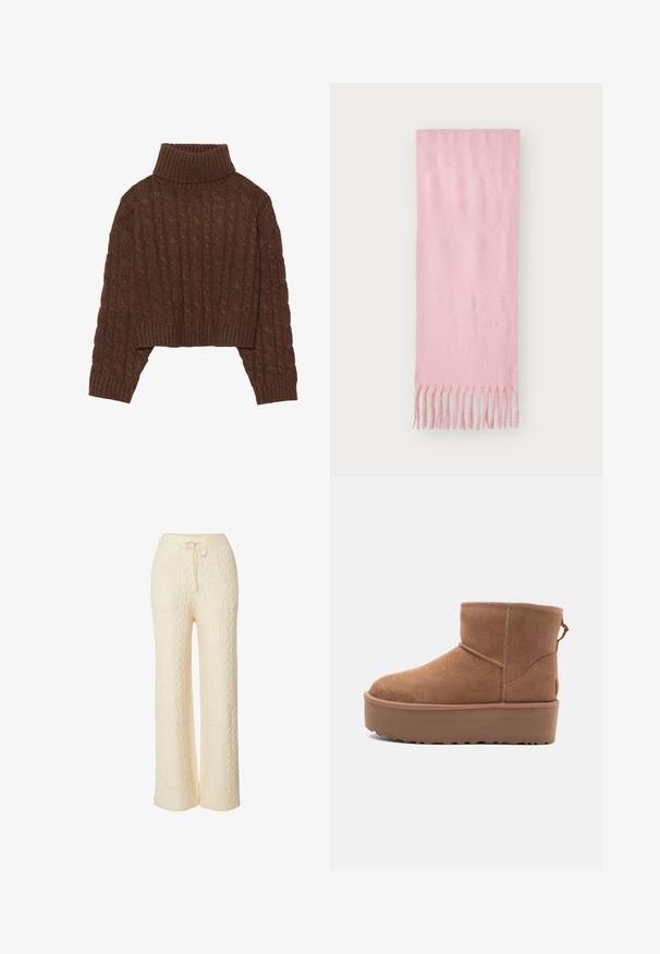 Bruine kabelgebreide cropped trui met een hoge col en lange mouwen, voorzien van een geribde zoom en een gestructureerd patroon in het geheel.; Crème loungebroek met kabelbreisel, in een relaxte pasvorm, met een elastische tailleband en een trekkoord. Zachte textuur en een wijde broekspijp design.; Tan suède enkellaars met een platformzool, ronde neus en stiksels; heeft een trekband aan de achterkant voor gemakkelijke instap.; Roze geweven sjaal met franjes, zachte textuur en een rechthoekige vorm, geschikt voor verschillende styliingsmogelijkheden.; Bruine lederen totebag met een brede, gestructureerde vorm, dunne handvatten en een gestructureerde afwerking. Kenmerkt zich door een minimalistisch ontwerp zonder zichtbare hardware.