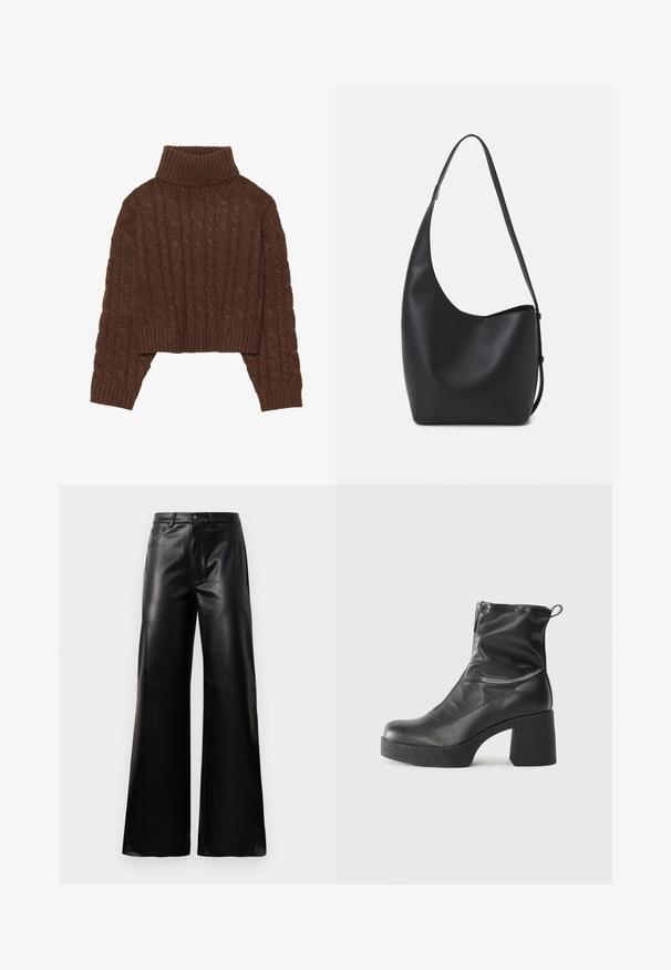 Suéter cropped em malha canelada marrom com gola alta e mangas longas, apresentando uma bainha canelada e um padrão texturizado por toda a peça.; Calças largas de imitação de couro pretas, de cintura alta, com botão frontal, fecho de correr, passadores de cinto e bolsos laterais sobre fundo branco.; Botas de tornozelo pretas feitas de couro liso, com fecho lateral, salto grosso texturizado e design de bico arredondado.; Saco hobo preto em pele com uma textura lisa, forma curva e uma única alça ajustável; apresenta uma abertura larga na parte de cima.
