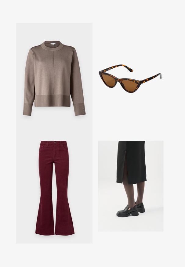 Brown knit sweater with a high neckline, ribbed cuffs and hem, and a smooth texture. Features a seam down the center front for added detail.; Burgundy corduroy flared jeans with five pockets, a front button closure, and textured fabric. Flares extend from knee to hem.; Black leather shoes with a rounded toe, thick block heel, and elastic side accents, paired with dark tights and a black skirt with a slit.; Cat-eye sunglasses with a black and orange tortoiseshell frame, brown lenses, and sleek, pointed tips. Features a minimal logo on the temple.