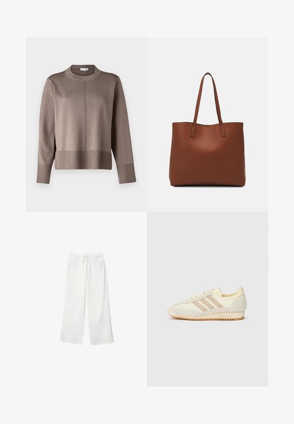 Maglione a maglia marrone con collo alto, polsini e orlo a coste, e una texture liscia. Presenta una cucitura al centro davanti per un tocco di dettaglio in più.; Pantaloni bianchi a gamba larga realizzati in tessuto morbido, con vita regolabile e due tasche frontali. Texture liscia e senza motivi visibili.; Sneaker sportivo crema con tre strisce beige, materiali in suede e tessuto, suola testurizzata e logo in rilievo sul tallone.; Borsa tote in pelle marrone con texture liscia, design con apertura superiore e due spallacci. Presenta cuciture minime e nessun hardware visibile.