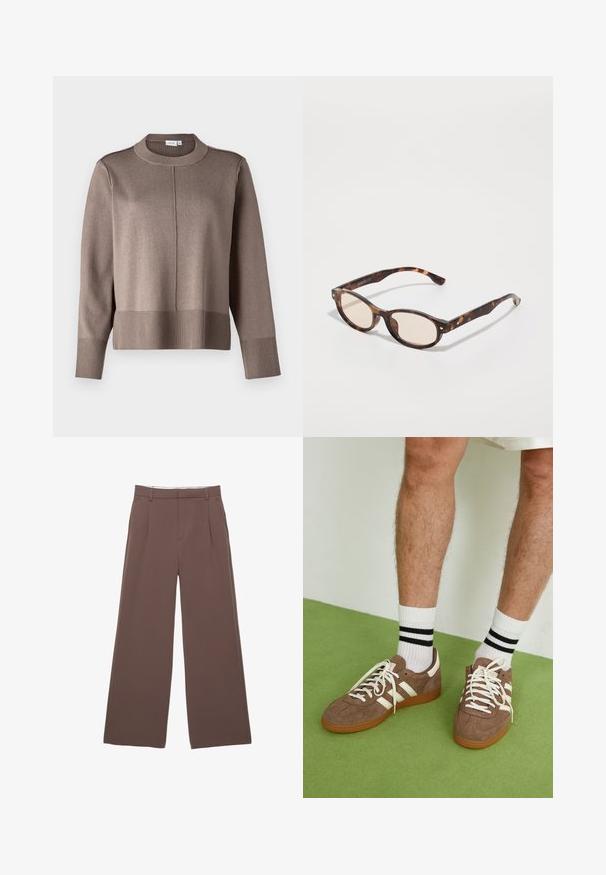 Maglione a maglia marrone con collo alto, polsini e orlo a coste, e una texture liscia. Presenta una cucitura al centro davanti per un tocco di dettaglio in più.; Pantaloni a gamba larga in tessuto marrone uniforme, con una trama liscia, pieghe frontali e una vita su misura. Senza loghi o motivi visibili.; Sneaker in suede marrone con dettagli e lacci bianchi. Suola in gomma color gomma. Indossati con calzini bianchi con righe nere. Pavimento verde texturizzato.; Occhiali da sole tartarugati con forma arrotondata e lenti chiare. Presentano aste robuste con piccoli dettagli dorati, realizzati in materiale plastico.