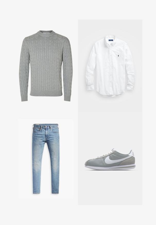 Siv pulover s pletenim vzorcem z okroglim izrezom, rebrastimi manšetami in pasom. Tekstura vsebuje dvignjene vzorce po celotnem materialu.; Bela dolg rokav srajca s gumbi iz bombaža. Ima klasičen ovratnik, gumbnice na zapestjih in majhen temno moder vezen logotip na prsih.; Svetlo modri oprijeti džins s blagim bledenjem na stegnenicah, sprednji gumbasti zapenjač, zanke za pas in pet žepov na belem ozadju.; Sive tenisice za šport z zgornjim delom iz semiša in tekstila, belim Nike swooshom in belimi vezalkami. Imajo strukturirano gumijasto podplat in oblazinjen ovratnik.