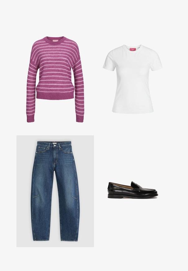 Roze en witte gestreepte gebreide trui met een ronde halslijn, verlaagde schouders en ribgebreide manchetten en onderrand. Zachte textuur, gekorte pasvorm.; Witte katoenen t-shirt met korte mouwen en een ronde hals. Bevat een roze label aan de binnenkant van de hals. Soepele textuur.; Donkerblauwe denim jeans met een recht afgesneden ontwerp, voorzien van voorzakken, contrasterende stiksels en een subtiele vervaagde textuur op de broekspijpen.; Zwarte leren loafer met een ronde neus, instapontwerp en subtiele stiksels langs de bovenkant. Platte rubberen zool.