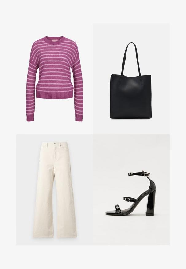 Pink and white striped knitted sweater with a round neckline, dropped shoulders, and ribbed cuffs and hem. Soft texture, cropped fit.; Beige wide-leg pants made of cotton, featuring a front button closure, side pockets, and a smooth texture. Minimalistic design with no patterns.; Black patent heeled sandals with a square toe, ankle straps, and silver buckles. Features a chunky block heel for stability.; Black leather tote bag with smooth texture, rectangular shape, and two long handles. No visible hardware or embellishments.
