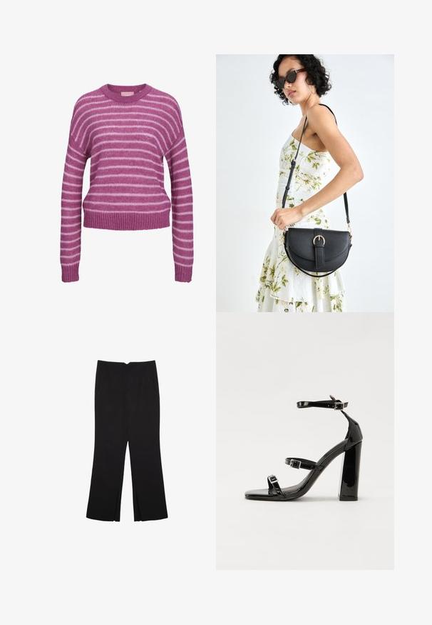 Pull en tricot rayé rose et blanc avec un col rond, des épaules tombantes et des poignets et un ourlet côtelés. Texture douce, coupe cropped.; Pantalon noir avec une coupe droite, doté de poches avant et d'éclairs sur l'ourlet. Fabriqué en tissu doux et lisse. Convient à diverses occasions.; Sandales à talons vernies noires avec un bout carré, des sangles autour de la cheville et des boucles en argent. Dotées d'un talon bloc épais pour plus de stabilité.; Sac à main en cuir noir avec une forme courbée, bandoulière amovible et des accessoires en or. Le sac est doté d'un rabat avec un détail de boucle.