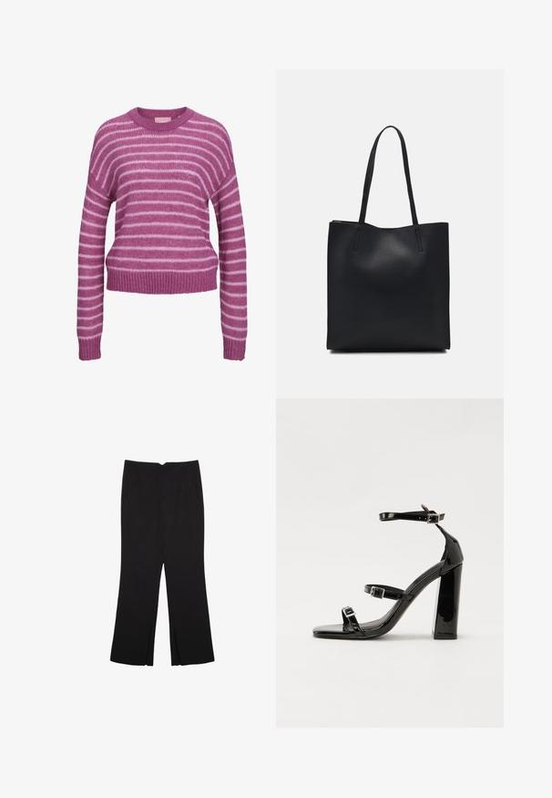 Růžovo-bílý pruhovaný pletený svetr s kulatým výstřihem, spadlými rameny a žebrovanými manžetami a lemem. Měkká textura, krátký střih.; Černé kalhoty s rovným střihem, s předními kapsami a bočními rozparky na lemu. Vyrobené z jemné, hladké tkaniny. Vhodné na různé příležitosti.; Černé lakované sandály na podpatku se čtveratou špičkou, lýtkovými pásky a stříbrnými přezkami. Disponují masivním blokovým podpatkem pro stabilitu.; Černá kožená taška přes rameno s hladkým povrchem, obdélníkovým tvarem a dvěma dlouhými uchy. Žádné viditelné kování ani ozdoby.