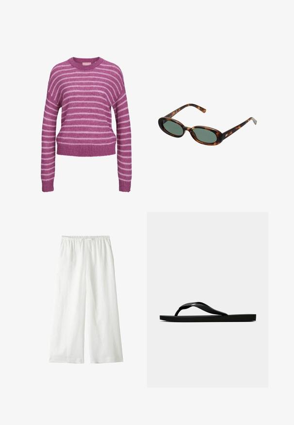 Roze en witte gestreepte gebreide trui met een ronde halslijn, verlaagde schouders en ribgebreide manchetten en onderrand. Zachte textuur, gekorte pasvorm.; Dobber NATALIA - Broek - white; Zwarte rubberen flip-flop sandaal met een getextureerde strap en een eenvoudige platte zool, zijaanzicht op een effen lichte achtergrond.; schildpadbril met ovale monturen en groene lenzen. Heeft dunne spijlen met een metalen accent nabij de scharnieren.