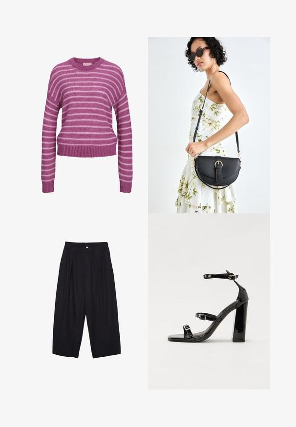 Roza in bela prugasta pletena jopica z okroglim ovratnikom, spuščeni rameni in rebrastimi robovi ter na dnu. Mehka tekstura, skrajšana silhueta.; Črne poliesterske culotte hlače z elastičnim pasom, dvema sprednjima nabiranjema in ohlapnim krojem. Brez vidnih vzorcev ali kovinskih detajlov.; Črne lakirane sandale s peto, kvadratnim prstom, trakovi okrog gležnja in srebrnimi zaponkami. Opremljene so s stabilno Debelo peto.; Črna usnjena torbica s ukrivljeno obliko, z odstranljivo naramnico in zlatimi dodatki. Torbica ima pokrov s podrobnostmi v obliki zaponke.